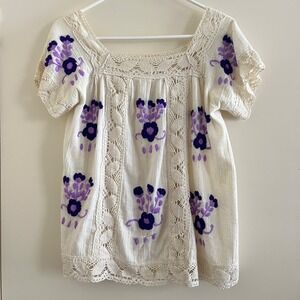 Womens Embroidered Crochet Top Handmade Folk Cottage Boho Indie Peasant Romantic